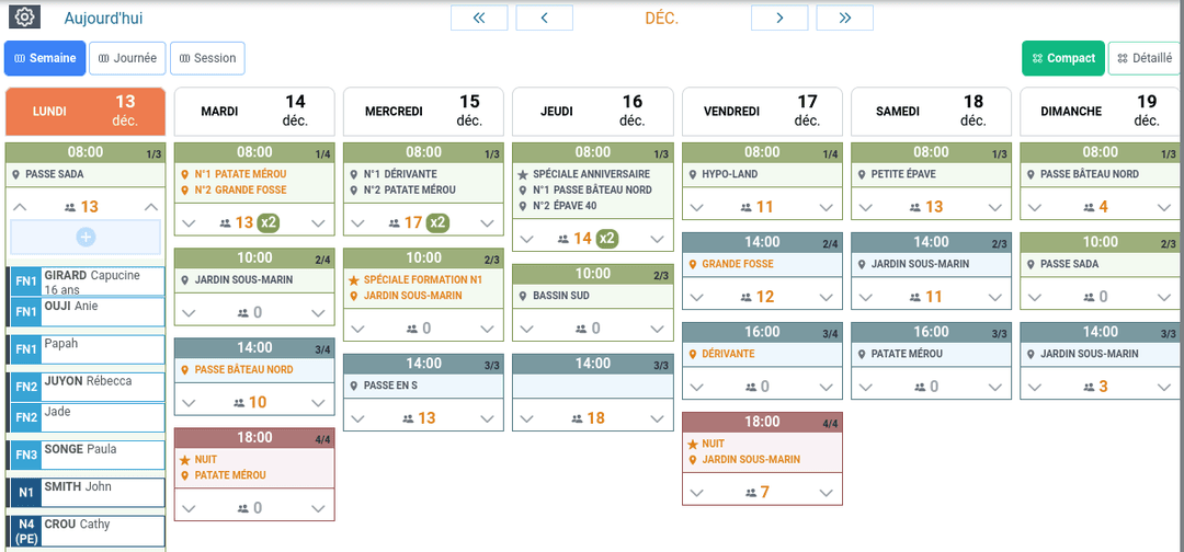 Copie d'écran de la page du planning en mode compact