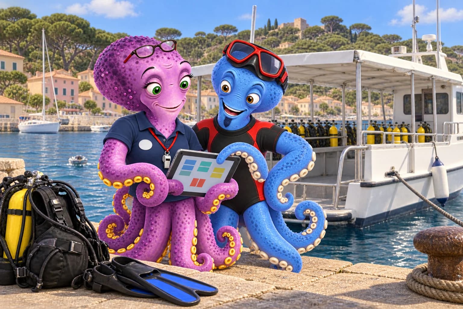 Octavia et Tako préparent les palanquées sur une tablette, sur le quai de Porquerolles devant le bateau du centre