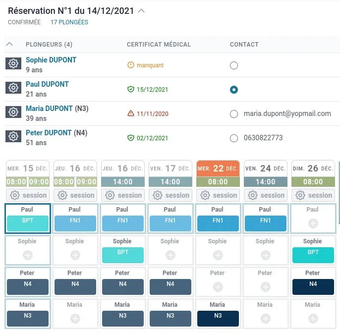 Copie d'écran de la page de réservation des plongées