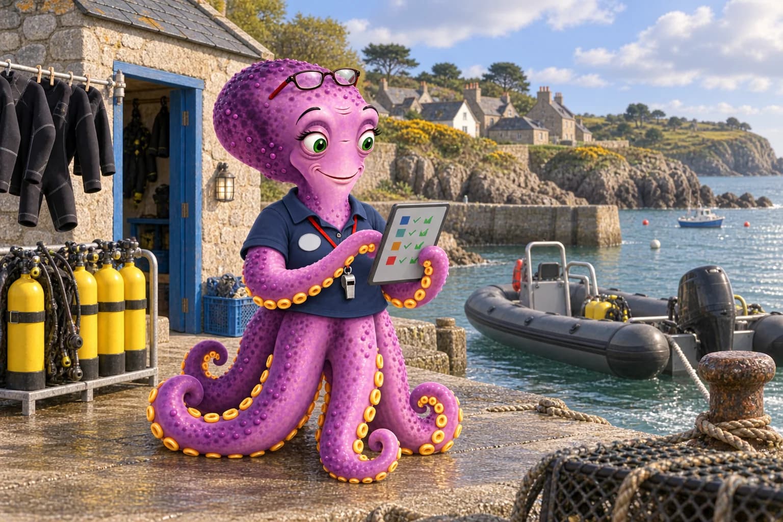 Octavia, la cheffe de base, devant le local d'un petit club breton, coche la sortie du jour sur sa tablette