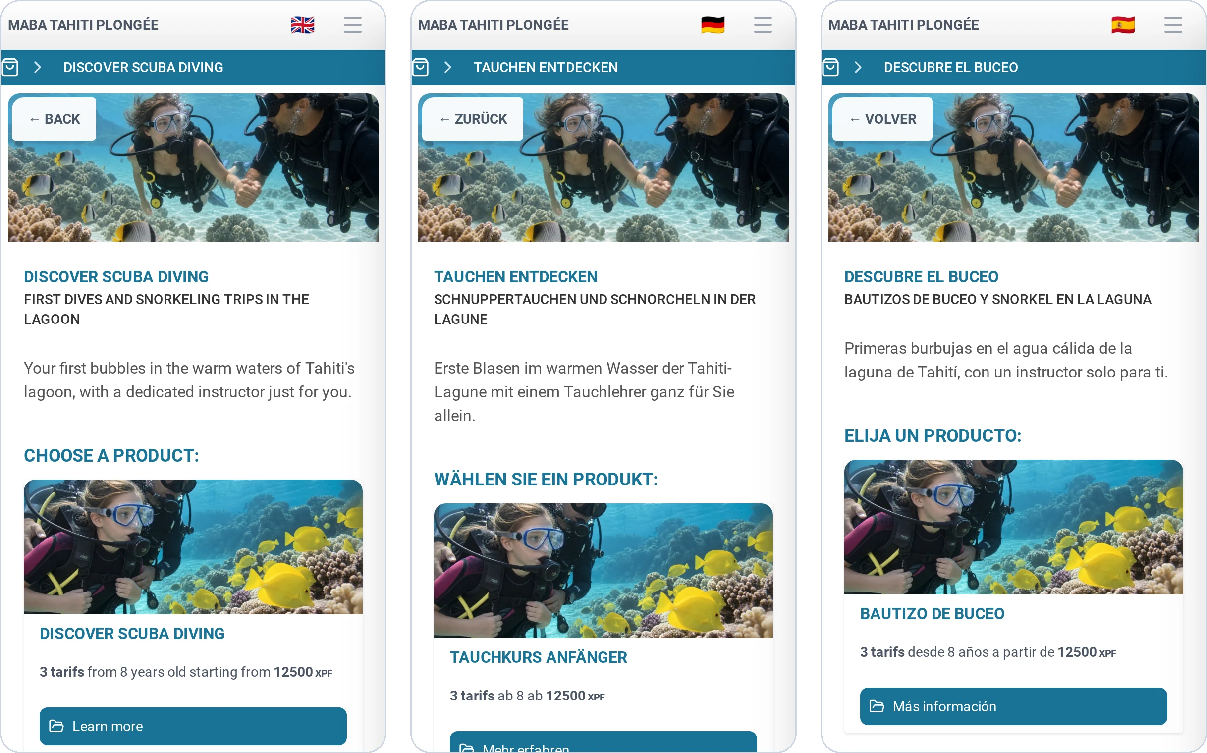 La page « Découvrir la plongée » de la boutique d'un centre de Tahiti, traduite en anglais, en allemand et en espagnol