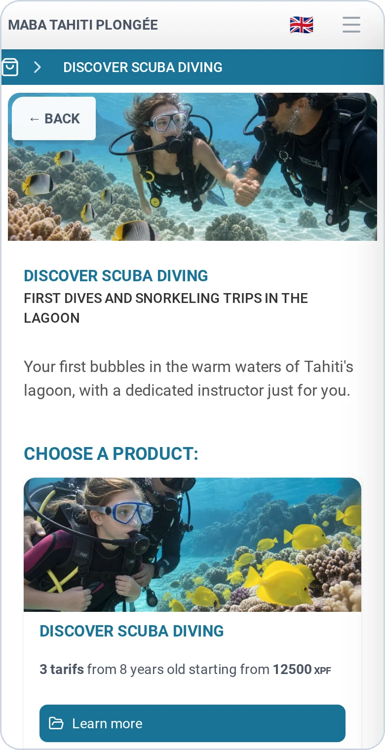 La page « Découvrir la plongée » de la boutique d'un centre de Tahiti, traduite en anglais