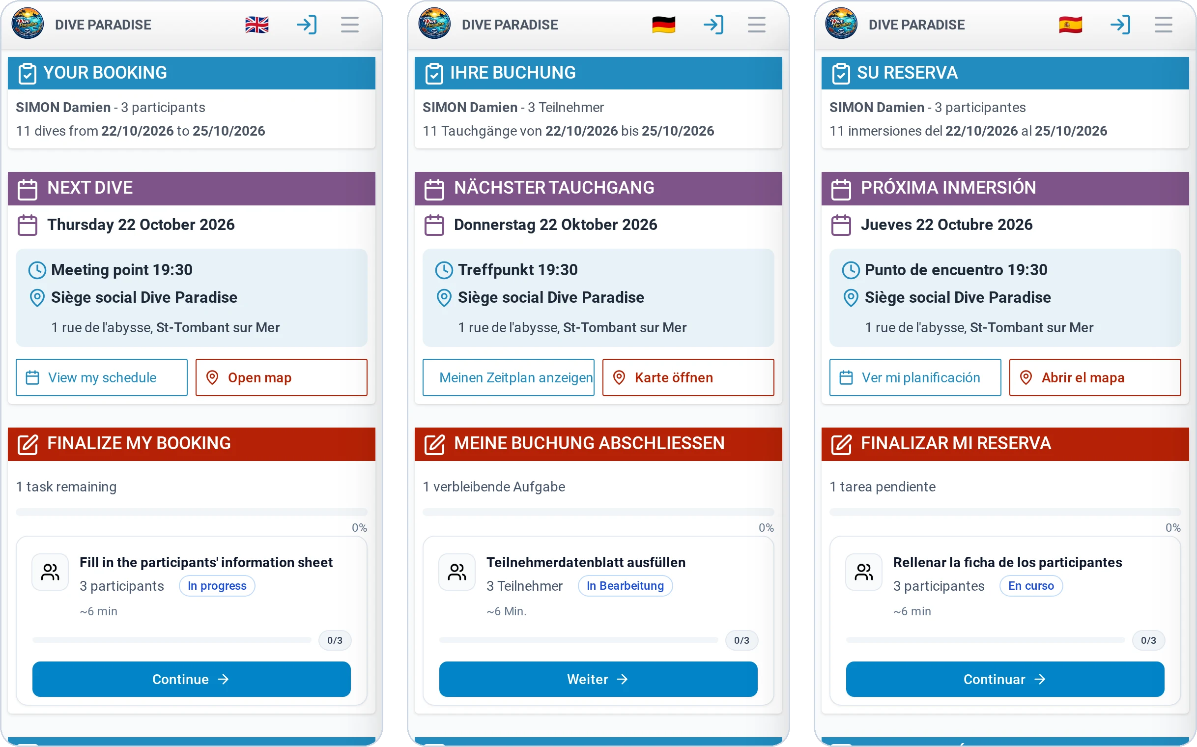 L'espace client d'une même réservation en anglais, en allemand et en espagnol : prochaine plongée et tâche restante