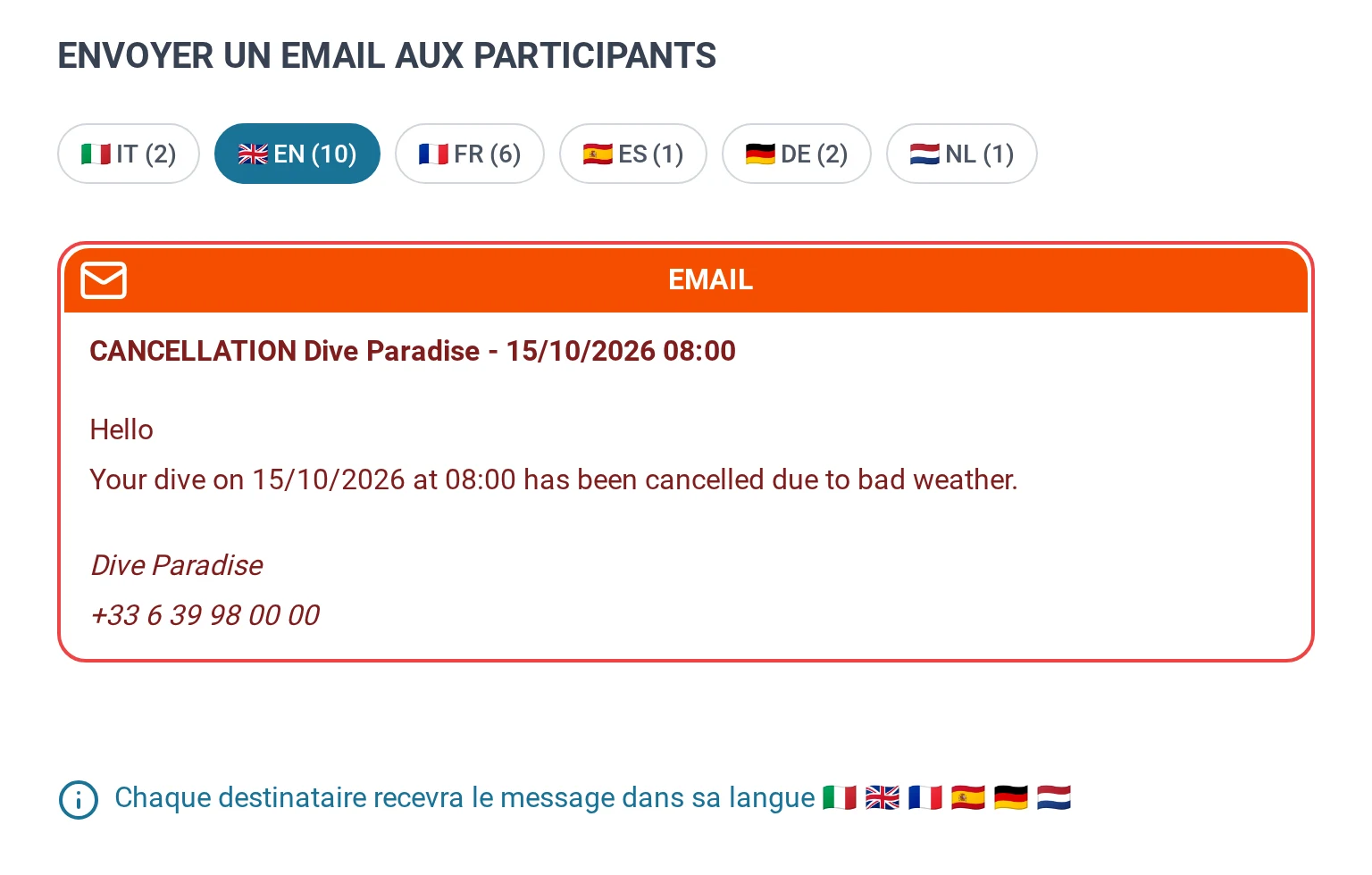 Annulation pour mauvais temps envoyée à 22 plongeurs : six langues, la version anglaise affichée