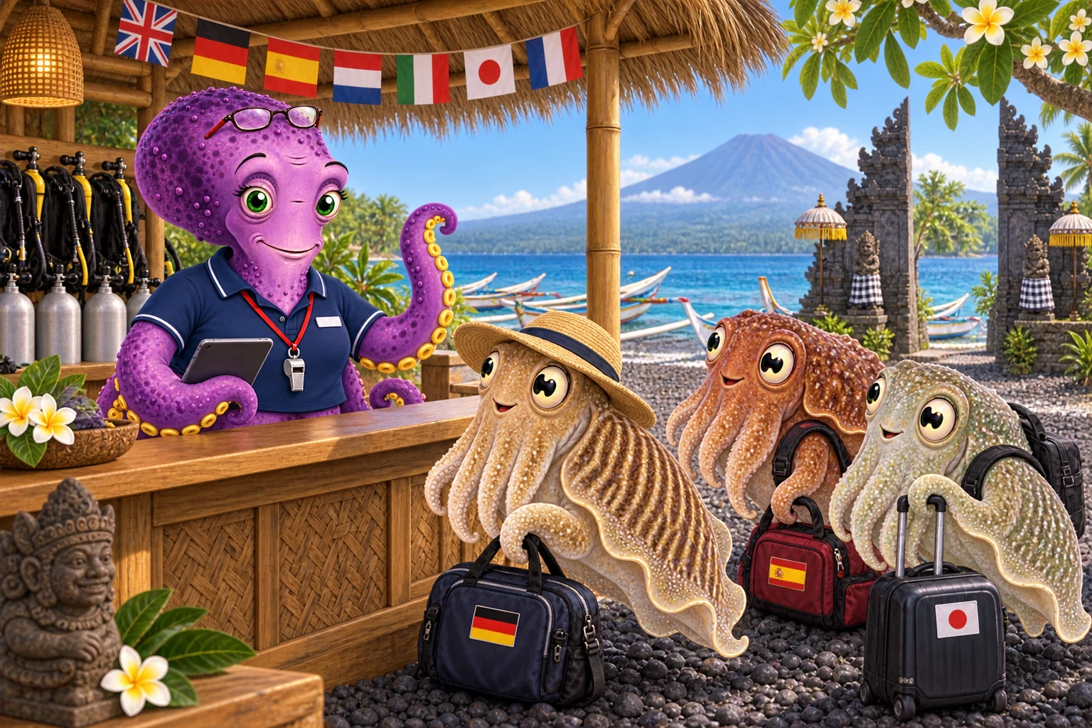 Octavia, la cheffe de base, mascotte de Mabadive, accueille au comptoir d’un centre de plongée de Bali trois seiches venues d’Allemagne, d’Espagne et du Japon, un drapeau sur leur sac, sous une guirlande de drapeaux de sept pays