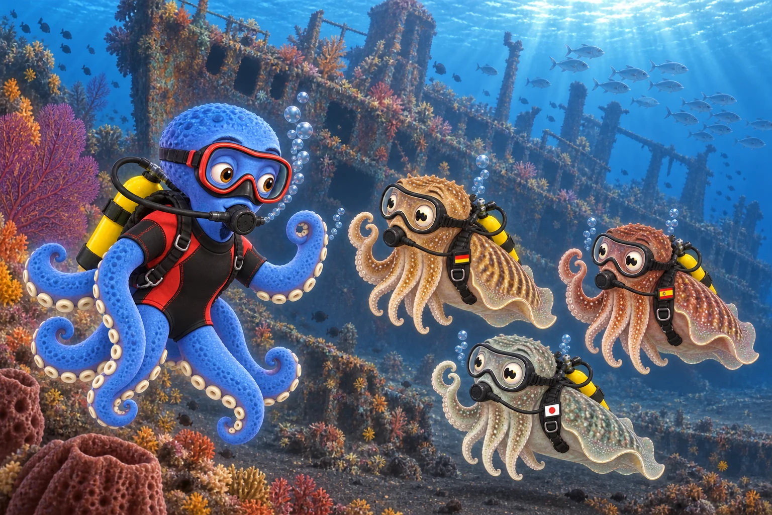Tako, le moniteur mascotte de Mabadive, guide les trois seiches en plongée le long d’une épave couverte de coraux, à Bali