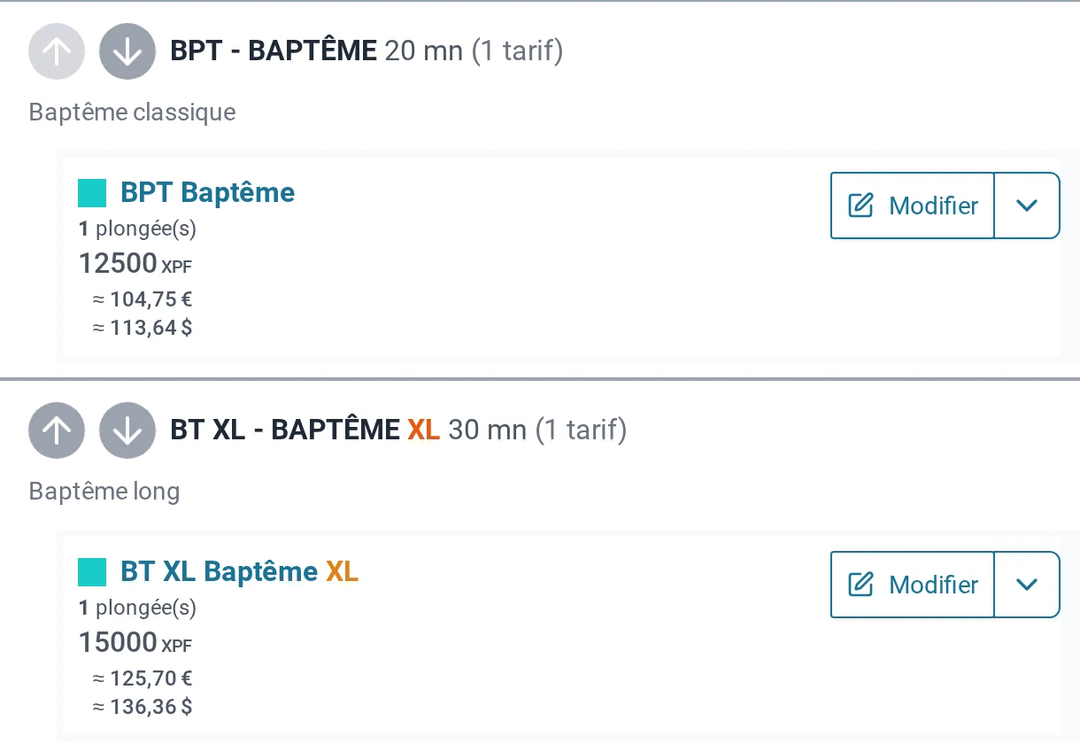 Deux baptêmes d'un centre de Tahiti en francs pacifiques, chacun avec son prix converti en euros et en dollars