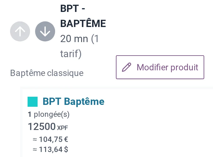Deux baptêmes d'un centre de Tahiti en francs pacifiques, chacun avec son prix converti en euros et en dollars