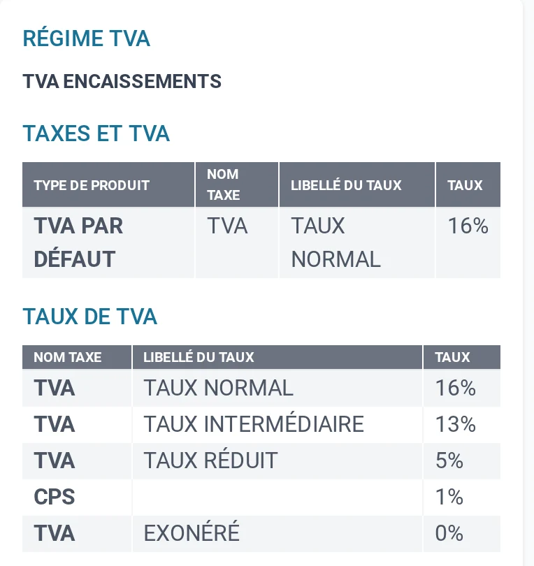 Les taxes d'un centre de Polynésie préréglées à l'ouverture du compte : TVA à 16, 13, 5 et 0 %, CPS à 1 %